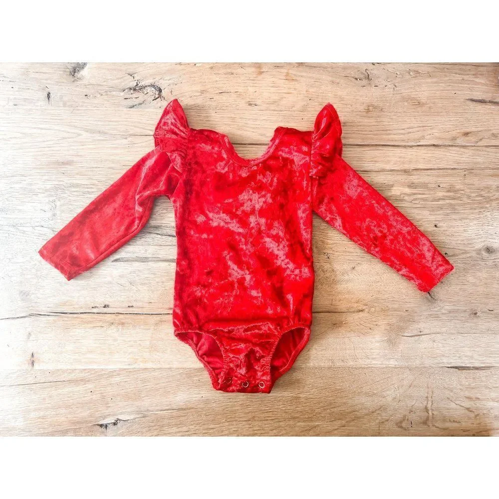 Solid Red Crushed Velvet Long Sleeve Bodysuit with Ruffles, Size 12-18M